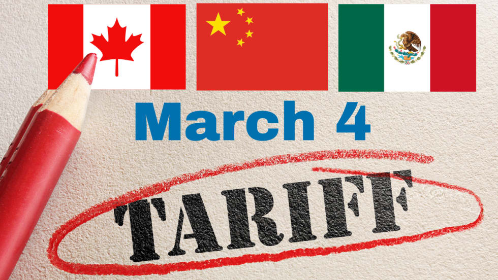 Image that shows the work Tariff, circled in red pencil, with red pencil to left side, flags of Canada, China, and Mexico at the top. In the center, in blue, is date of March 4.