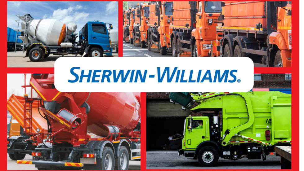 collection of brightly colored vocational trucks and logo for Sherwin-Williams.
