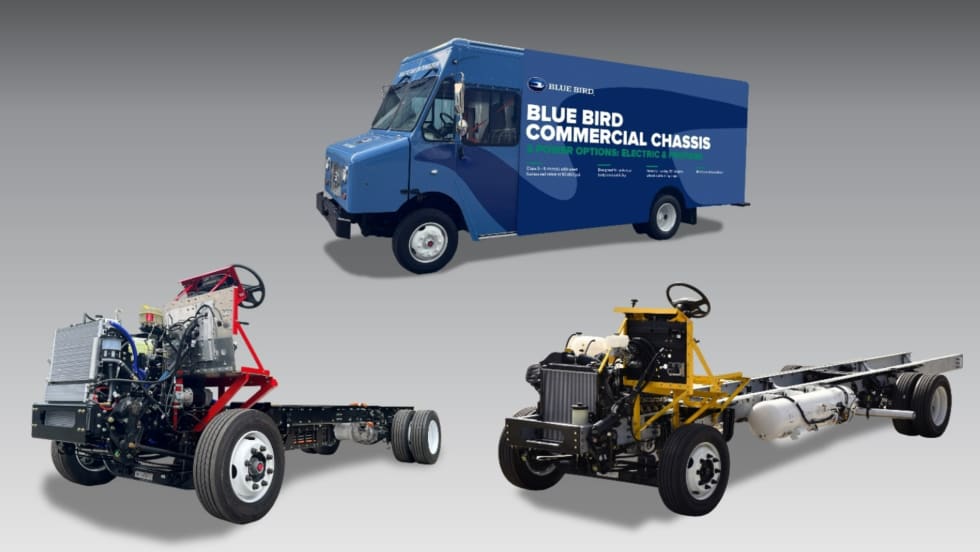 Image of a Blue Bird step van at top, and two chassis in the bottom of the image.