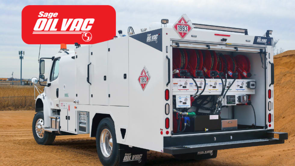 White service truck parked on dirt lot and logo against a red background for Safe Oil Vac.