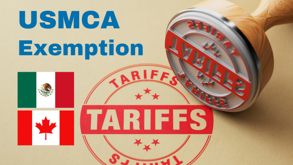 Photo of a stamp and a tariffs imprint stamped onto brown paper, inset flags for Canada and Mexico, and words USMCA Excemption.