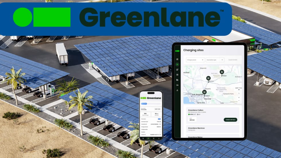 App data displayed on a phone and tablet set against a background of an image representing how an EV charging station will look, with Greenlane logo across top of image.