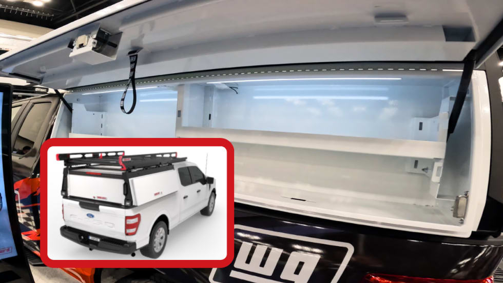 Side view of shelving in a cap on a pickup truck, with inset artist's rendering of the entire cap.