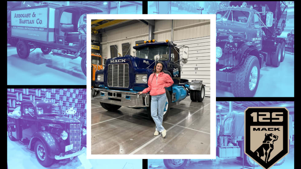 Woman standing in front of a blue Mack truck set against a background collage of other historic trucks.