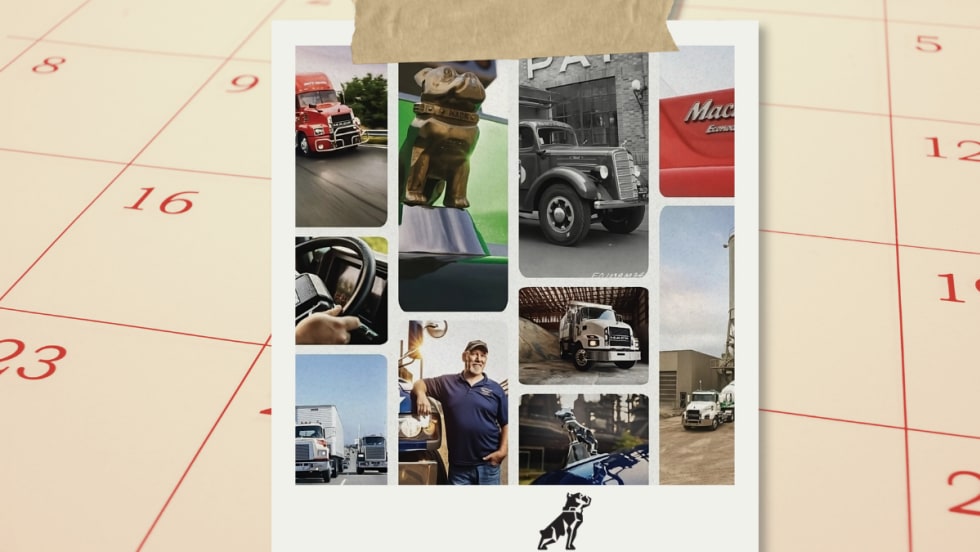 Collage of Mack Trucks images set in front of a calendar background.
