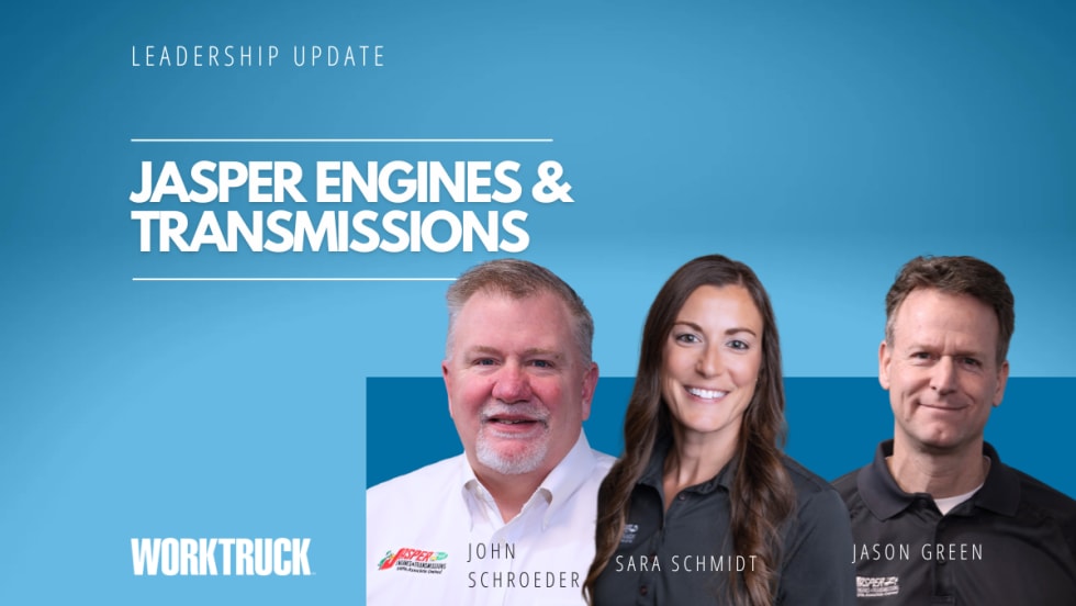 Three business leaders, two men and one woman, against a blue background and company name of Jasper Engines & Transmissions.
