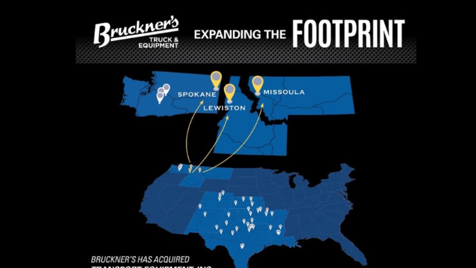 Black background with blue outlines of three states and a map of the US, with logo for Bruckner's and headline Expanding the Footprint.