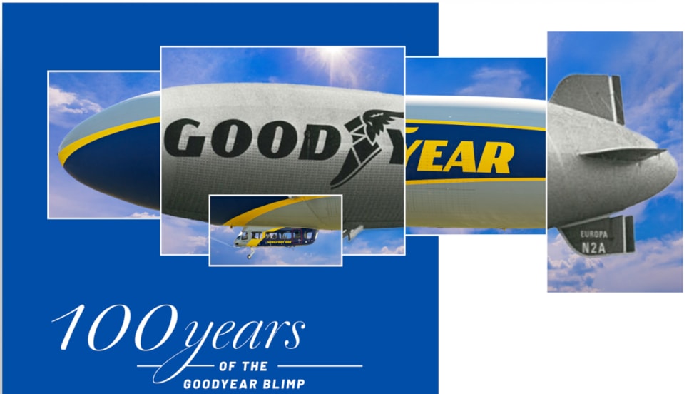 Good year blimp with text saying 100 years.