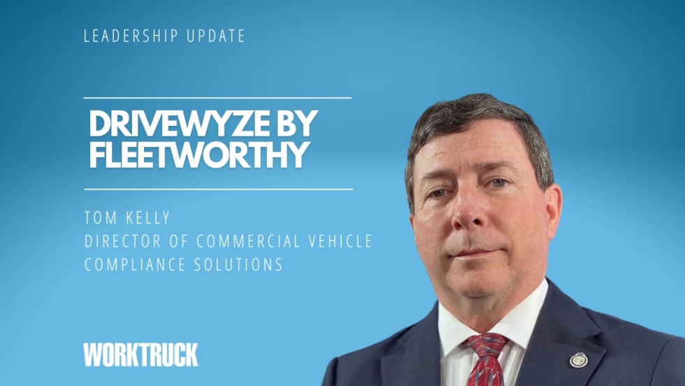 Man in business attire against a blue background with white text that says Drivewyze by Fleetworthy and his name, Tom Kelly.