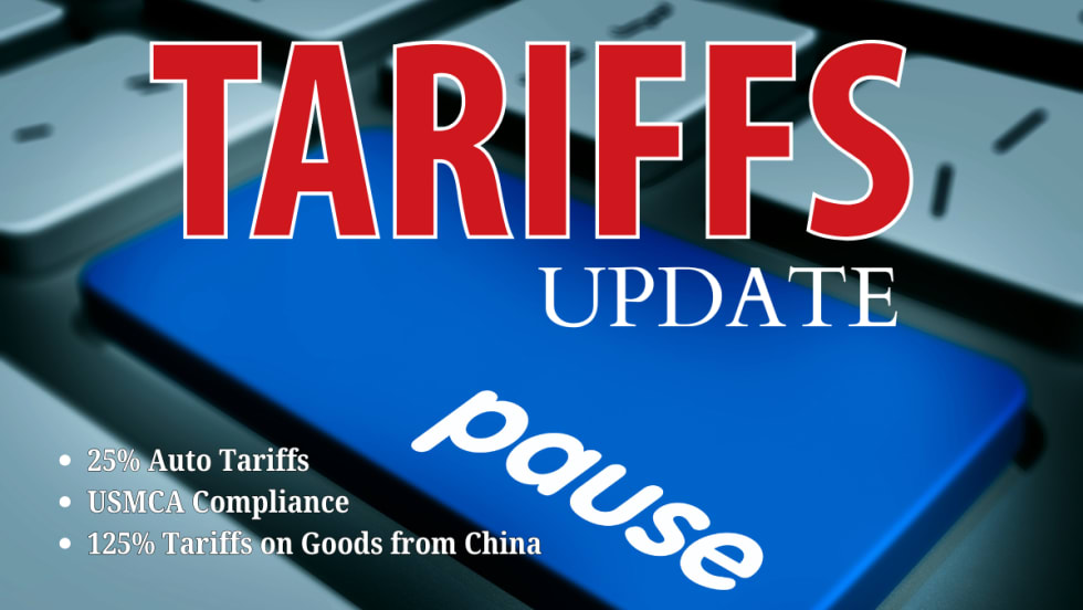 Closeup of computer keypad pause button in blue, red lettering for Tariffs and white lettering for update. Three bullet points in smaller white text.