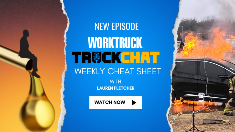 Weekly Cheat Sheet with man sitting on fuel pump and EV vehicle on fire. 