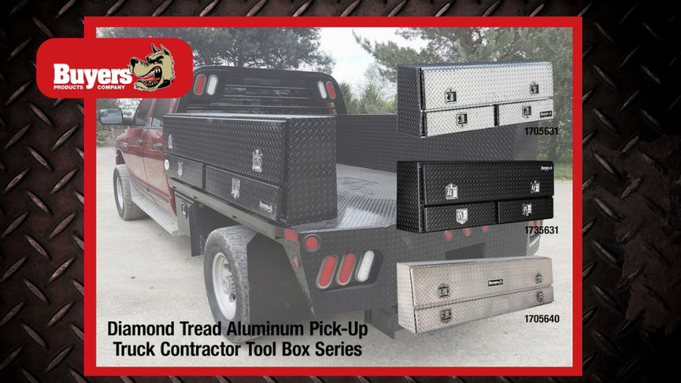 Image of work truck equipped with tool boxes and additional inset images of truck tool boxes.
