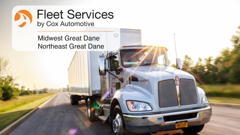 Image of tractor trailer driving down road with inset logos for Fleet Services by Cox Automotive and Midwest Great Dane.