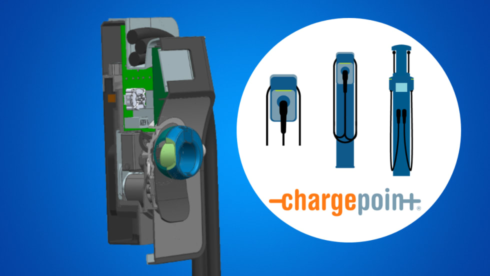 Blue background with drawing of an EV charger, inset logo for ChargePoint inside a white circle to the right.