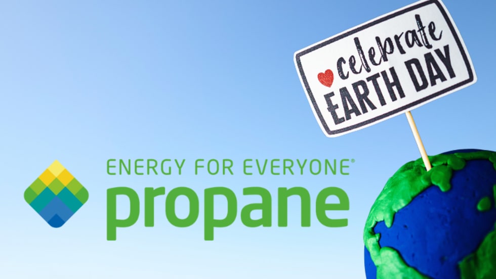 Graphic image of earth on right side with a sign that says Celebrate Earth Day. At left, logo for Energy For Everyone, Propane.