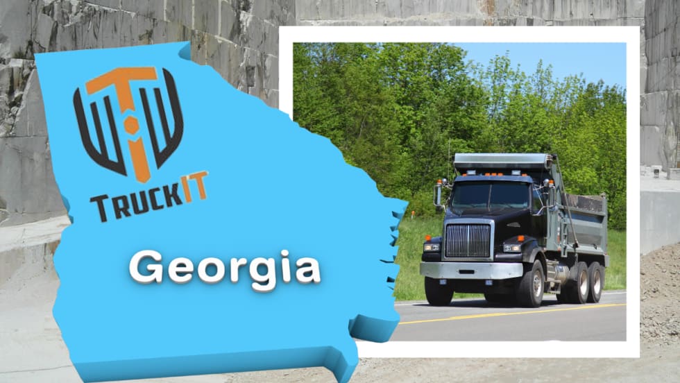 Image of dump truck driving on road at right, and image of State of Georgia outline to the left with inset logo for TruckIT.