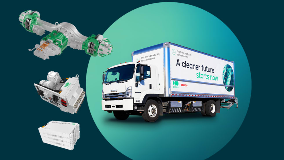 Photo of a battery electric cargo truck and inset photos of the powertrain components.
