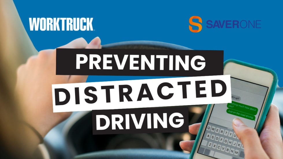 Distracted driver hold cell phone in background with Prevent Distracted Driving 