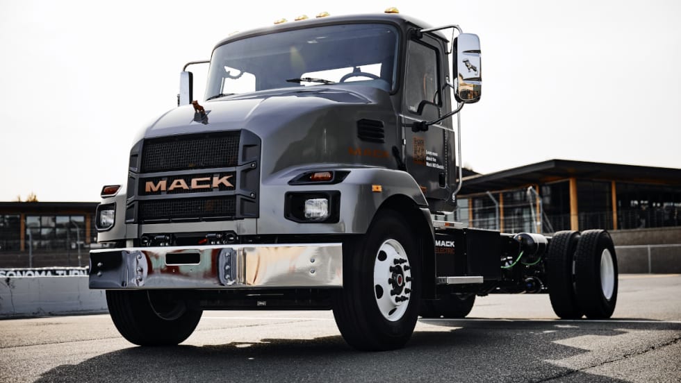 Medium-duty chassis-cab Mack truck.