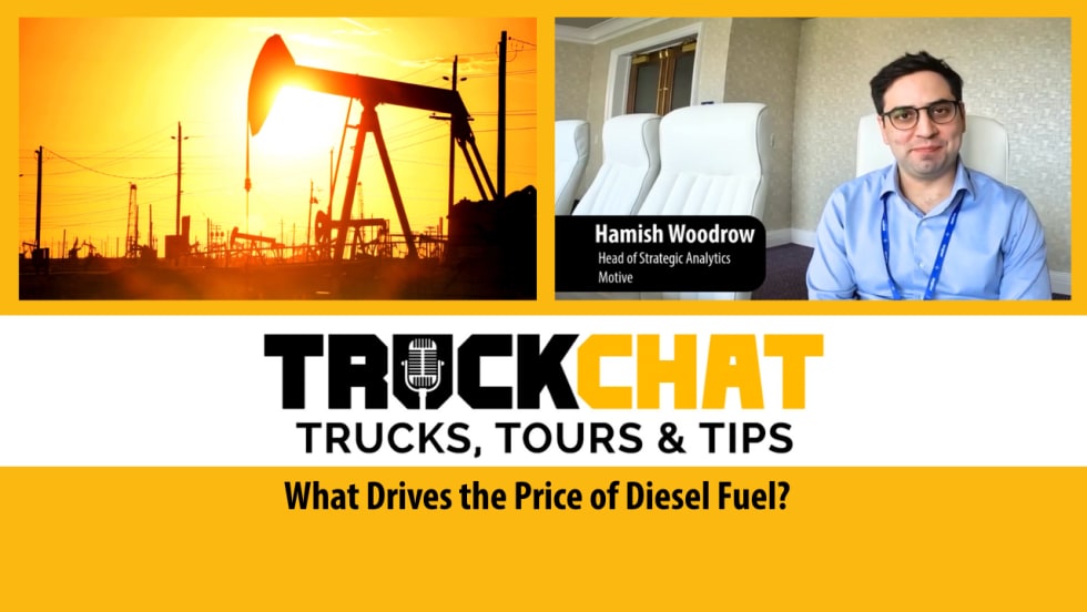 Truck Chat thumbnail, image of man at a table inset top right, image of oil well top left, headline saying: What Drives the Price of Diesel Fuel.
