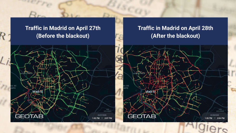 Inset traffic flow maps against a background map of Spain.