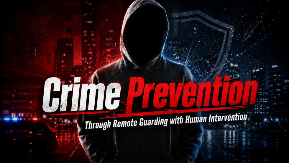 Graphic depicting crime prevention, featuring a shadowed hooded figure against a dark city backdrop with police lights and shield imagery. Text reads: “Crime Prevention Through Remote Guarding with Human Intervention.”