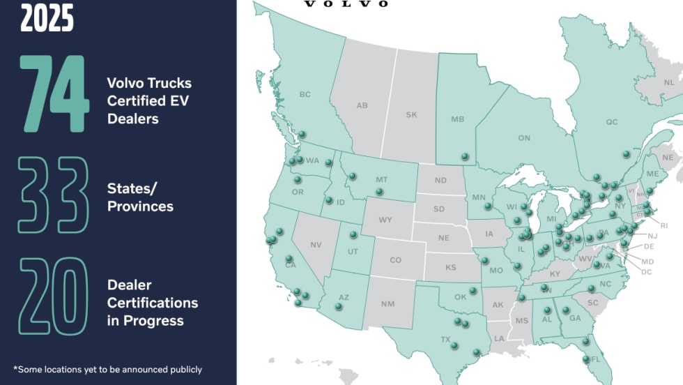 Map of North America showing Volvo Trucks dealers that are EV certified.