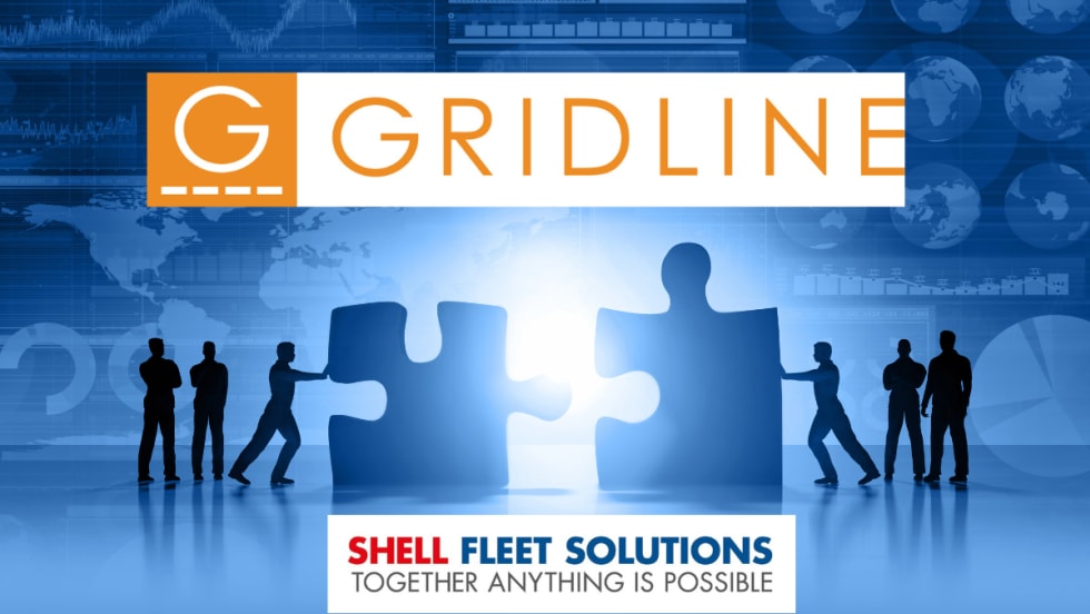 Blue tinted image of figures pushing pieces of a puzzle together and logos for Gridline and Shell Fleet Solutions.