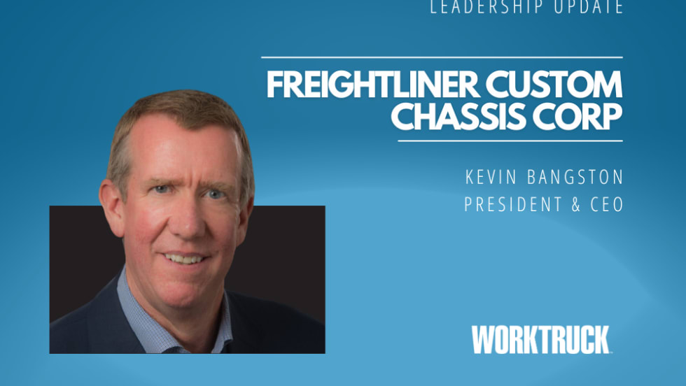 Photo of Kevin Bangston on blue background with Freightliner Custom Chassis Corp and new title.