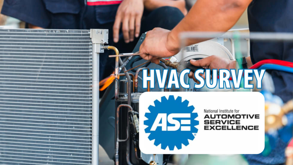 Closeup image of technician working on air conditioning with inset logo for ASE and headline text that says HVAC Survey.