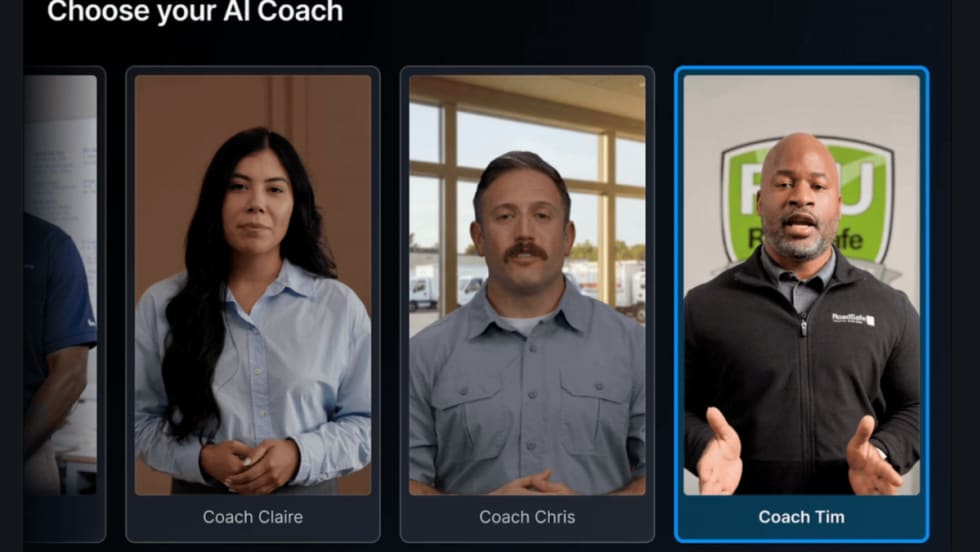 Images of three AI-generated people inset against a black background and text at the top that says Choose Your AI Coach.