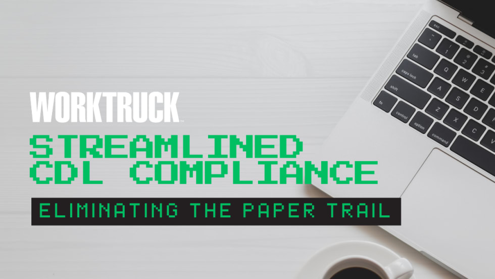 A laptop on a table in the background with old computer font saying Streamlined CDL Compliance eliminating the paper trail