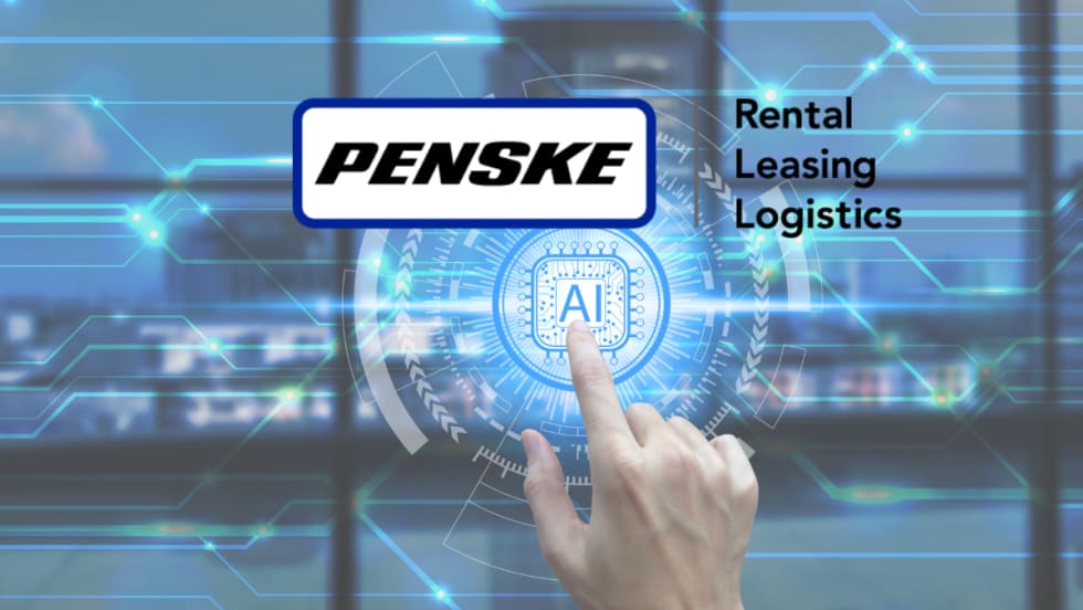 AI illustration of a finger pushing an AI button, with inset logo for Penske.