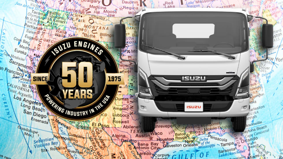 Isuzu truck against a background map of North America and a logo for 5oth anniversary.