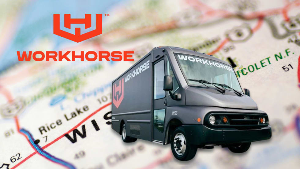 Dark colored step van against background of a Wisconsin map and inset logo for Workhorse.