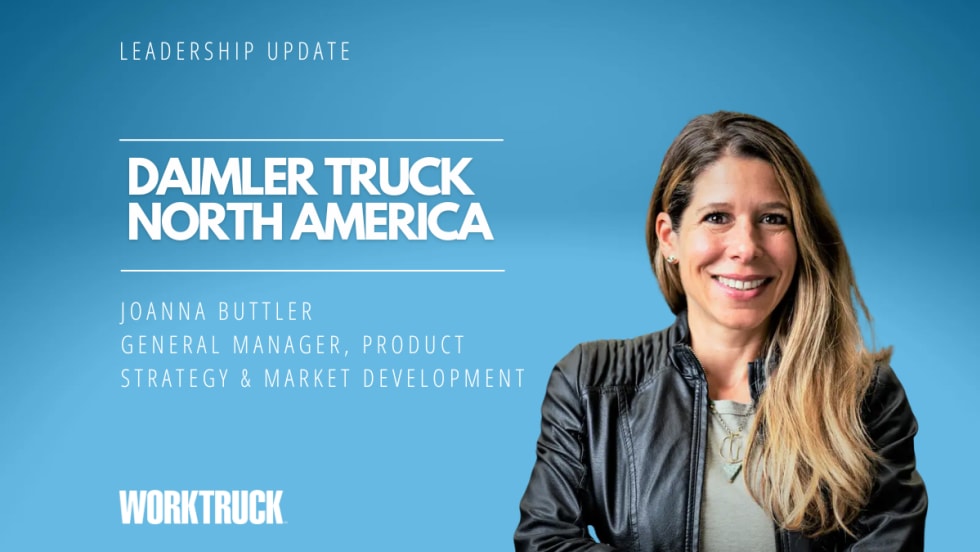 Woman in business attire against a blue background, inset white letters for Daimler Truck North America, her name, and title.