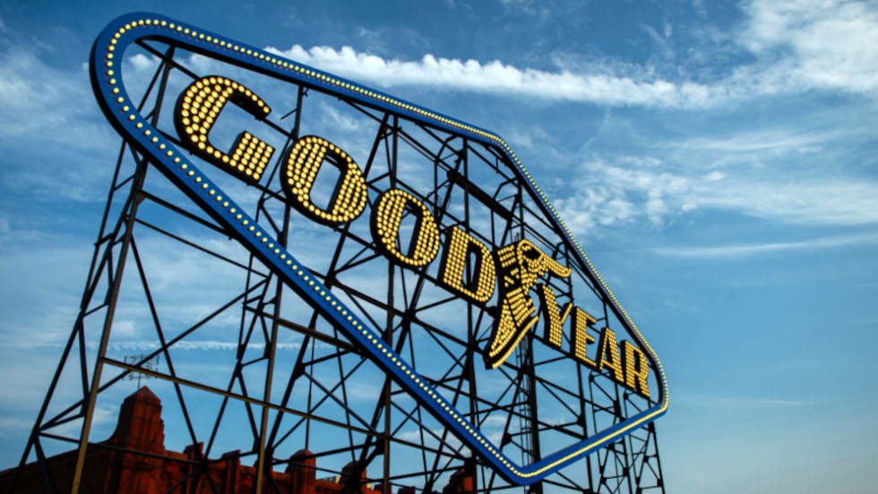 Goodyear sign against blue sky.