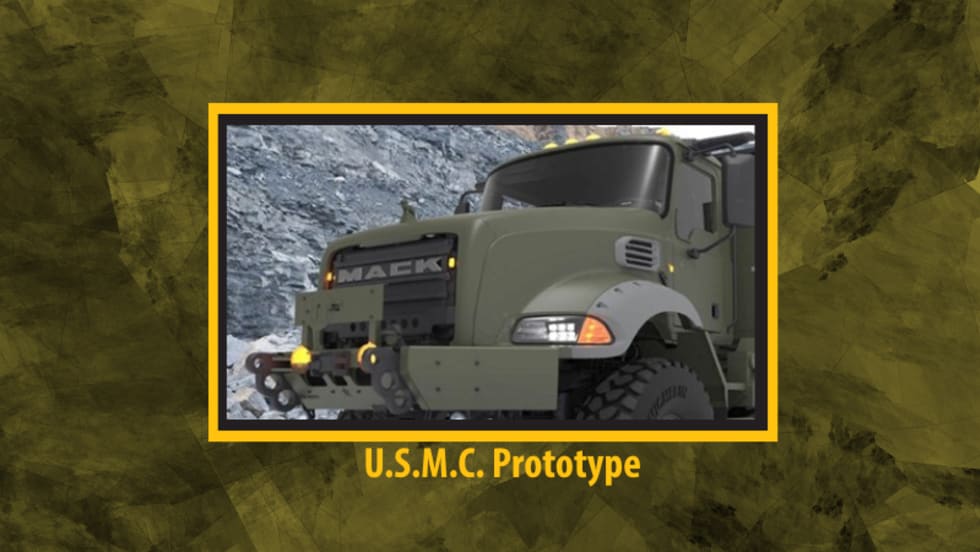 Camo background with inset image of a military truck and yellow headline that reads USMC Prototype.