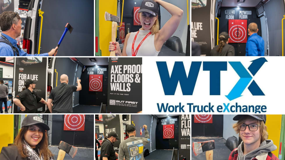 Axe Throwing collage with Work Truck Exchange logo