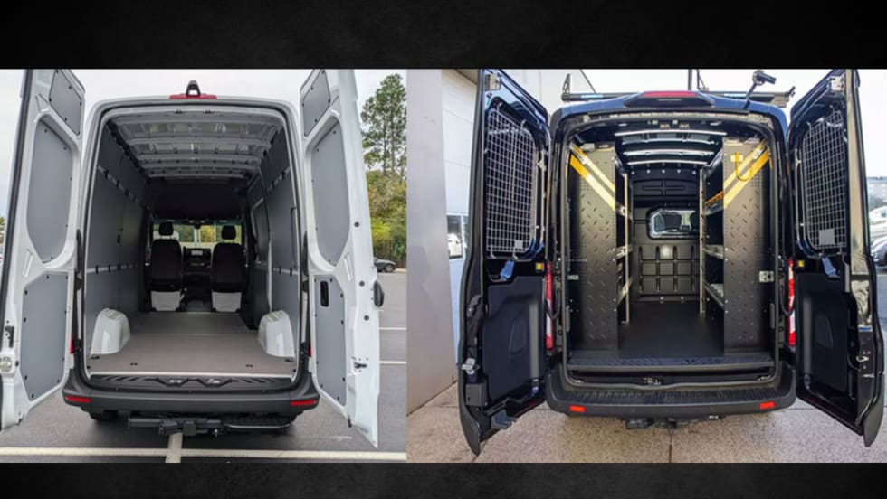 Side-by-side comparison of cargo van upfits: empty white fleet van vs. black upfitted work van with shelving, tool storage, and steel partitions.