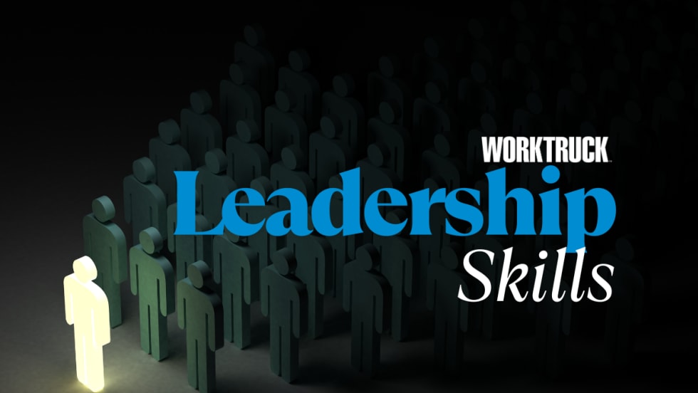 Illustration of a glowing figure standing out in a crowd of dark figures, symbolizing standout leadership, with the text 'Work Truck Leadership Skills' overlaid.