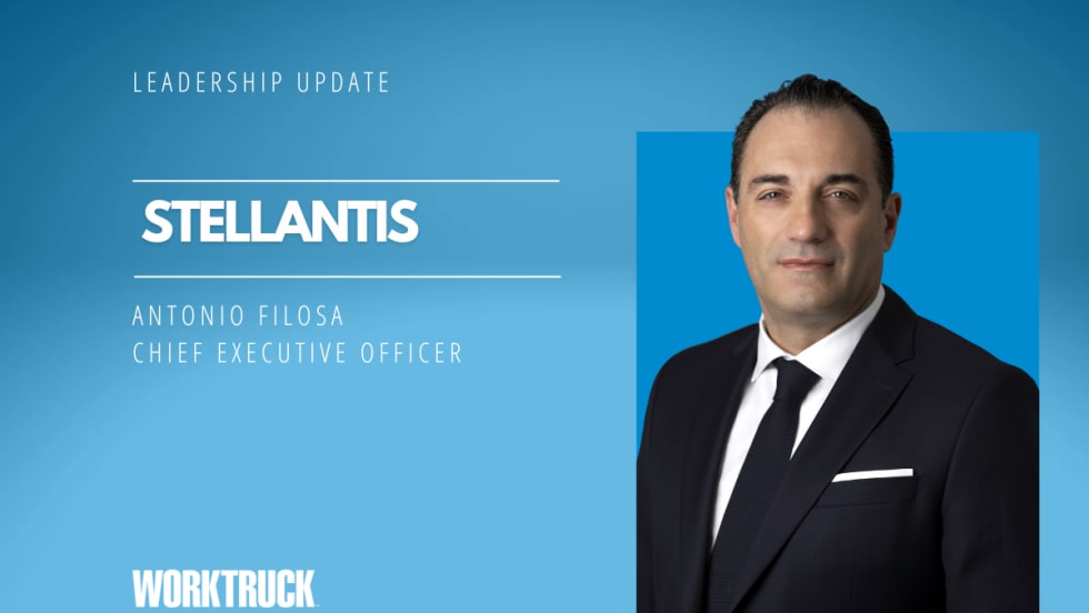 Man in business attire against a blue background with white headline text that says Stellantis and his name.