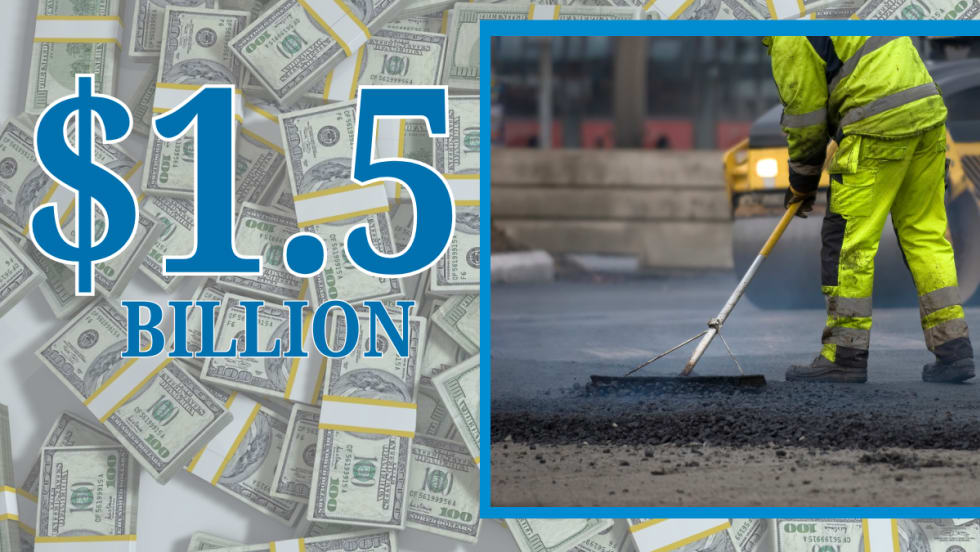 Background image of money, inset photo of road repair work and headline text stating $1.5 Billion.