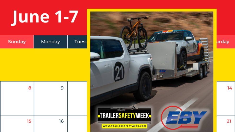truck towing a trailer with a race car set against background of a calendar and June 1-7 in large print.