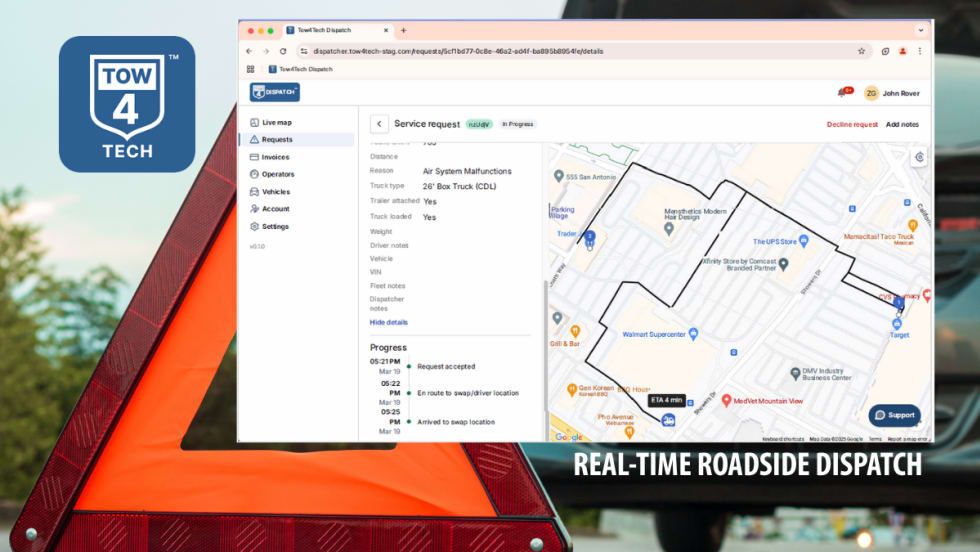 Tow4Tech real-time dispatch platform displayed on a laptop screen with roadside assistance tracking map, set against a background of a vehicle warning triangle.