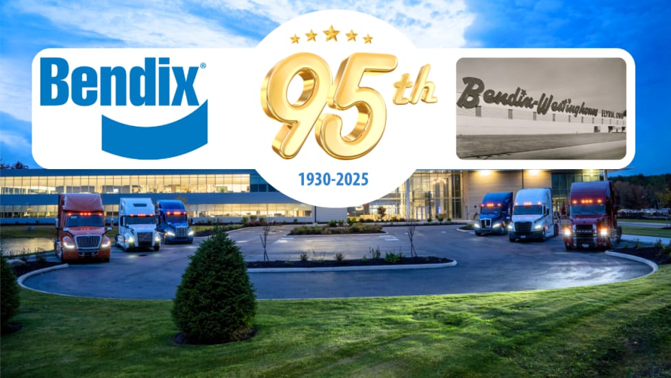 background image of a corporate office is logos for Bendix and 95th anniversary and a historic photo inset.