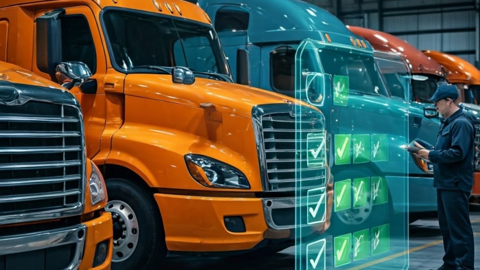 Technician standing in front of large trucks, overlay graphic depicting analytics technology.