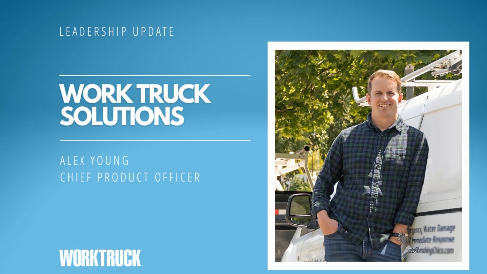 Inset photo of man casually leaning against a van, blue background image, with white test for Work Truck Solutions and the man's name.