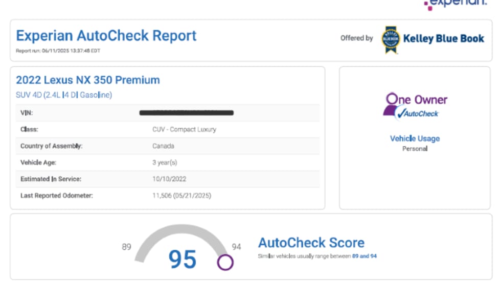 AutoCheck report for 2022 Lexus NX 350 showing 95 score, one owner, and vehicle history details.