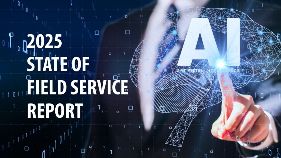 Person in business suit touches digital AI interface with text reading "2025 State of Field Service Report" over a tech-themed background.